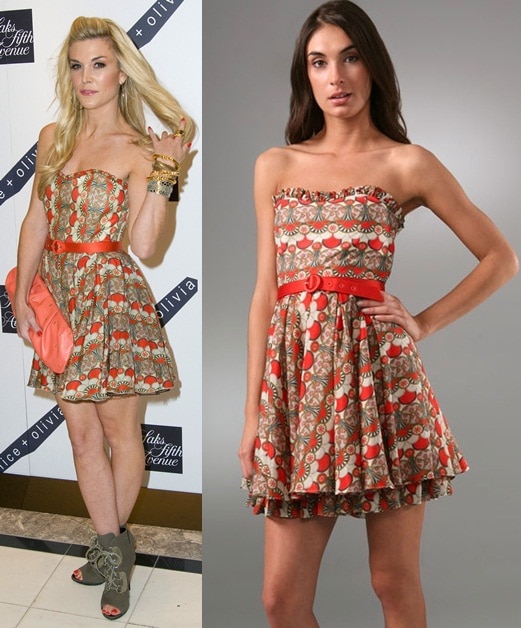 Tinsley Mortimer's strapless print dress features a sweetheart neckline and a ruffle-trimmed top hem