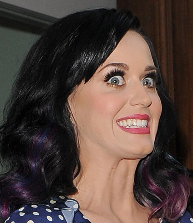 Katy Perry with pink lips and crazy eyes