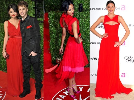 Selena Gomez and Justin Bieber both in color-coordinated Dolce & Gabbana; Zoe Saldana in a Prabal Gurung Spring 2011 pink and red dress; Odette Yustman in a Monique Lhuillier cutout red gown