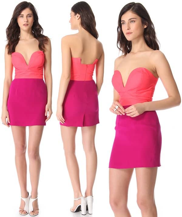 Boning shapes the futuristic neckline of a strapless, colorblocked dress