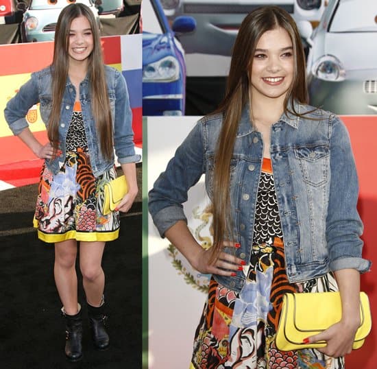 Hailee Steinfeld looked really cute in this denim jacket + printed dress + biker boots outfit