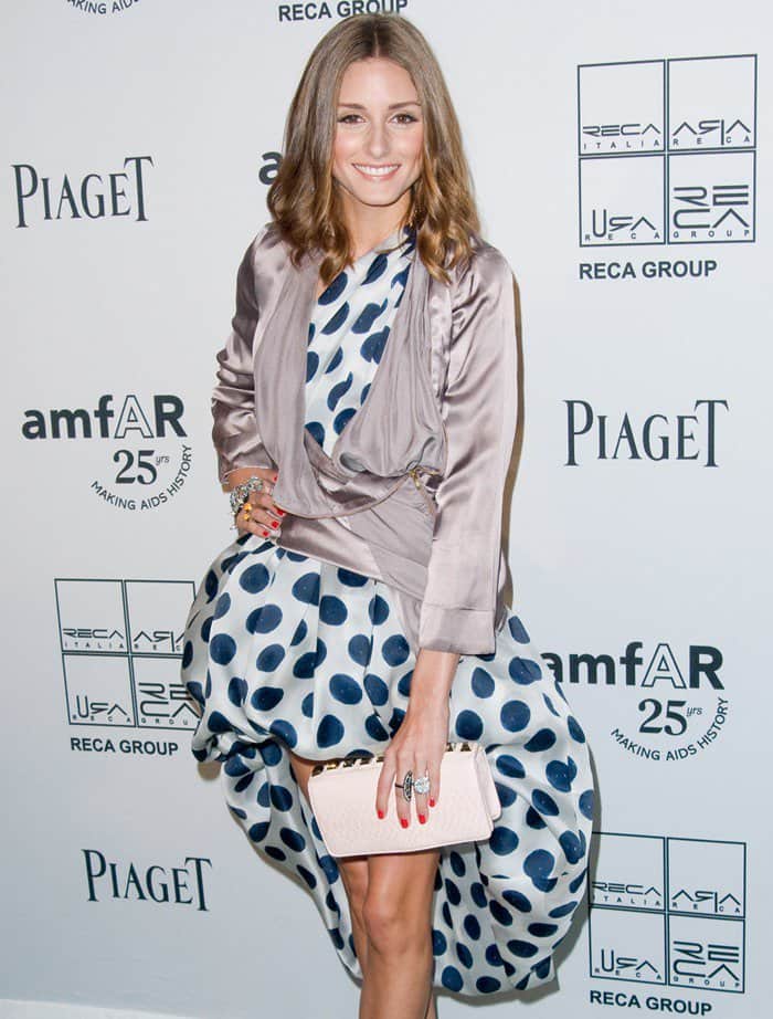 Olivia Palermo wore a long-and-short polka-dotted Bensoni dress to the 2nd Annual amfAR Inspiration Gala held at New York's Museum of Modern Art