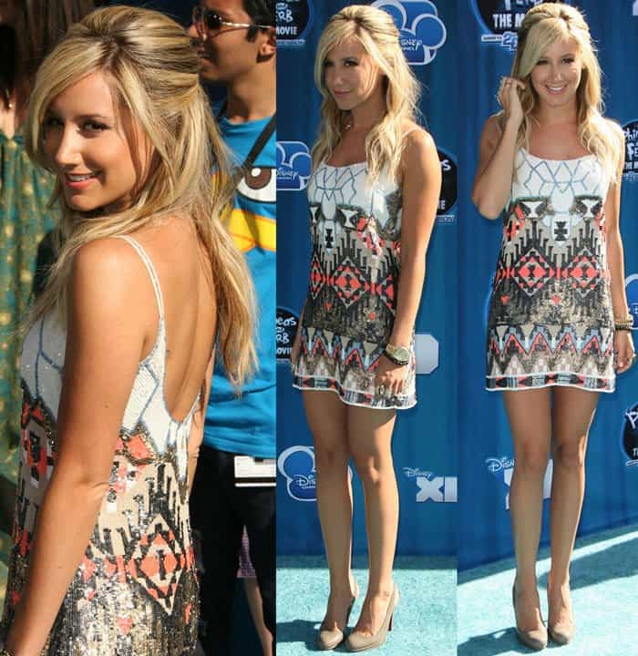 Ashley Tisdale wearing the 'Aztec' mini dress from AllSaints with neutral Christian Louboutin slingbacks and gold accessories