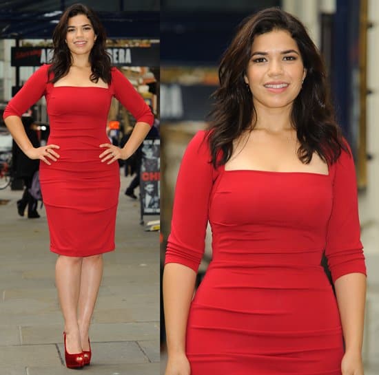 America Ferrera was hot in a red long sleeve dress from Nicole Miller