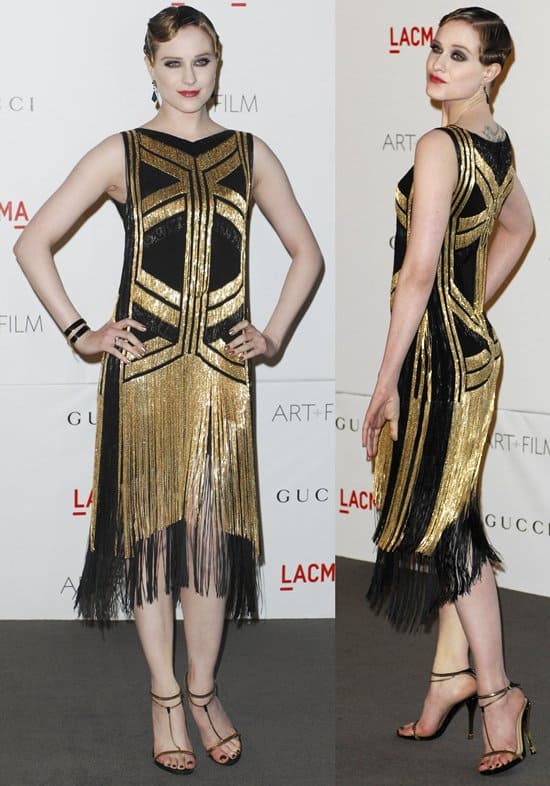 Evan Rachel Wood in a Gucci dress and sandals with Neil Lane jewelry at LACMA Art + Film Gala