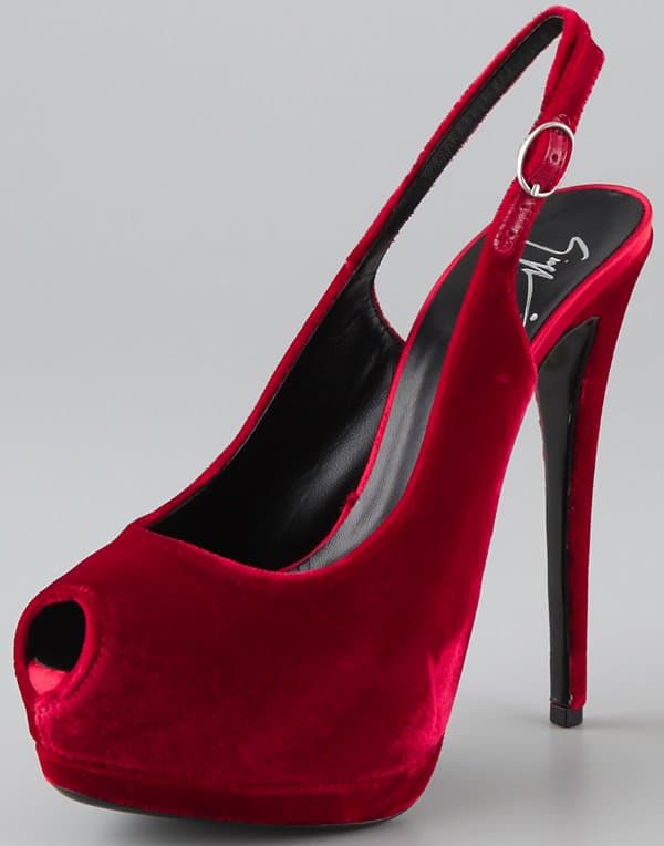 These velvet platform heels feature a peep toe and a buckled sling-back strap