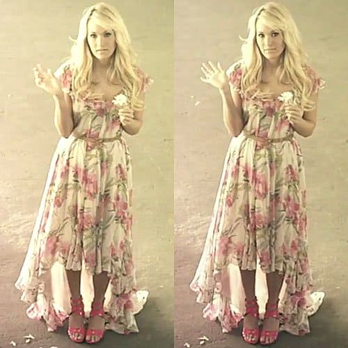 Carrie Underwood in a floral Elizabeth and James Marissa dress paired with pink heels