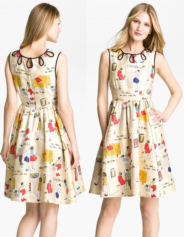 Looped piping frames teardrop cutouts at the neckline of a printed, sleeveless party dress shaped with a full skirt and infused with retro charm.