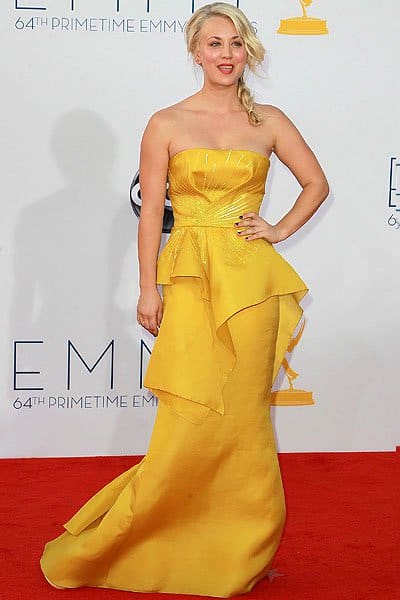Kaley Cuoco in an Angel Sanchez beaded strapless peplum gown at the 64th Primetime Emmy Awards