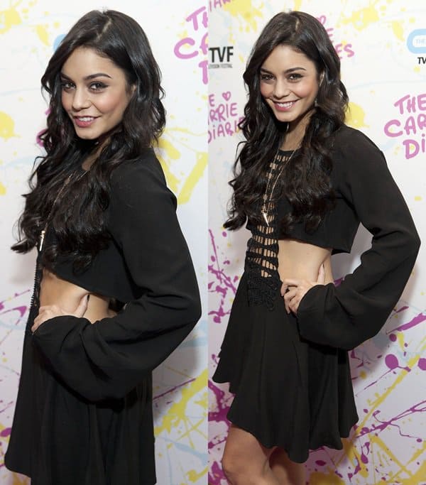 Vanessa Hudgens was in her usual boho chic style, in a bell-sleeved belly-baring dress with a crochet detail down the front