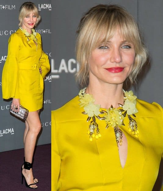 Cameron Diaz wears a yellow mini dress with a crystal-embellished floral neckline at the LACMA Art + Gala at LACMA