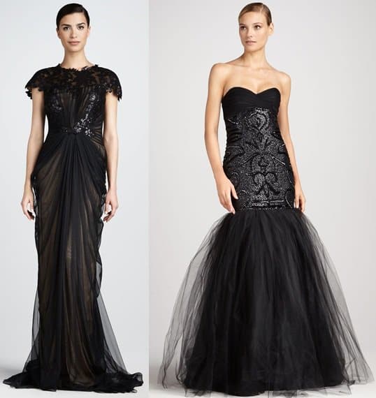 Tadashi Shoji Ruched Lace Top Gown and Monique Lhuillier Beaded Mermaid Gown