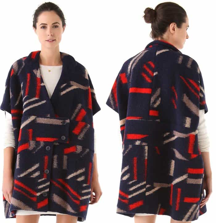 An abstract print and oversized, boxy fit give a retro wool coat from French brand Cacharel a cozy cocoon profile