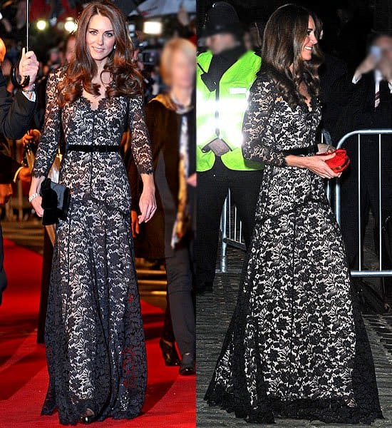 Kate Middleton in the Alice Temperley 'Amoret' black lace gown at the 'War Horse' UK premiere on January 8, 2012 vs. at the University of St Andrews' 600th Anniversary Campaign on November 8, 2012