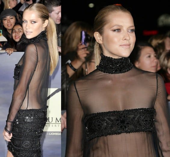 Actress Teresa Palmer wore an Emilio Pucci dress with a sequined black bandeau that covered essential areas