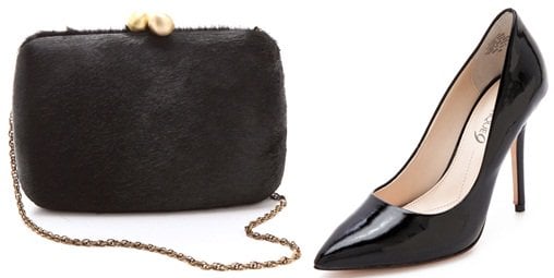 Black clutch and black pointy pumps