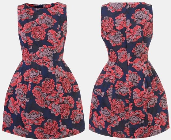 Gleaming floral jacquard shapes the cropped mock-neck bodice and slim underlying skirt of this mod-style dress finished with a deft split in back