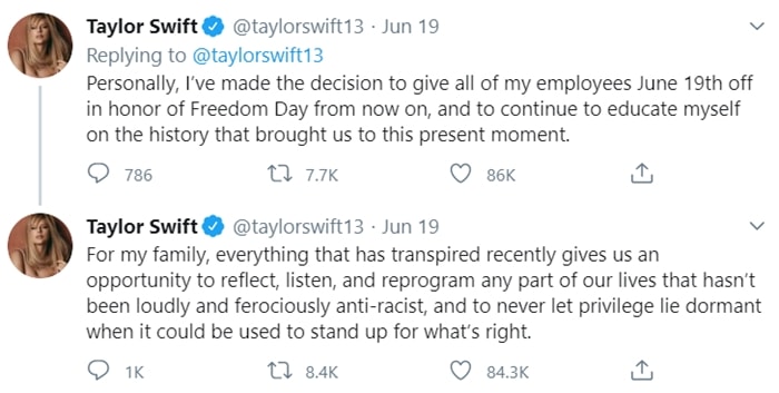 Taylor Swift announces that she has given her employees the day off to celebrate Emancipation Day