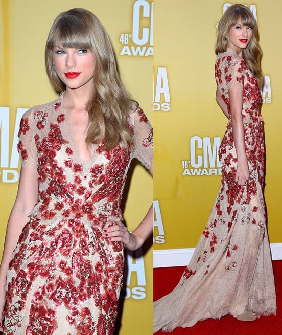 Taylor Swift stunned in a show-stopping nude Jenny Packham dress the 2012 Country Music Awards at the Bridgestone Arena in Nashville on November 1, 2012