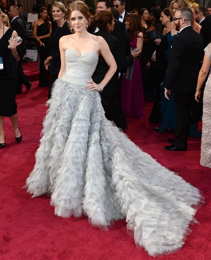 Amy Adams in a strapless pale blue Oscar de la Renta gown