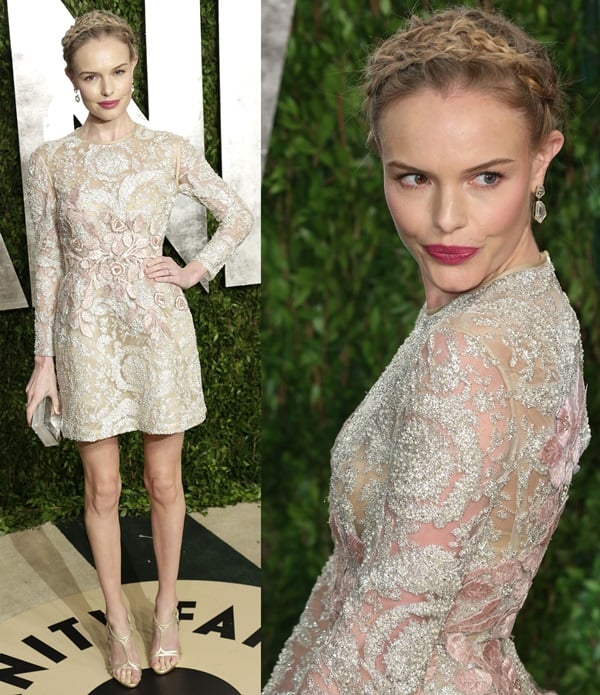 Kate Bosworth flaunts her legs in a Giambattista Valli dress, a Rauwolf clutch, Casadei shoes, Janna Conner earrings, and a Sylva & Cie ring