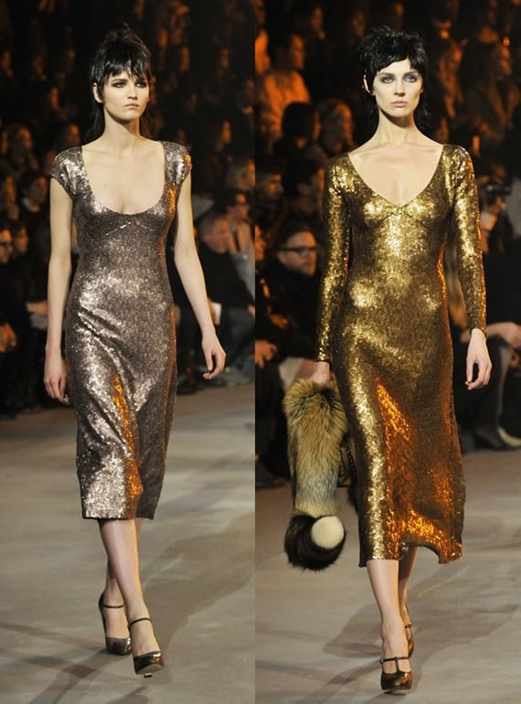 Two glittering dresses featuring deep plunging necklines at Marc Jacobs' Autumn/Winter 2013 Show