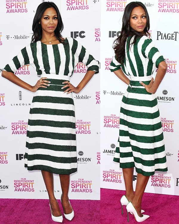 Zoe Saldana wowed with her refreshing Dolce & Gabbana Spring 2013 green-and-white beach striped dress at the 2013 Film Independent Spirit Awards