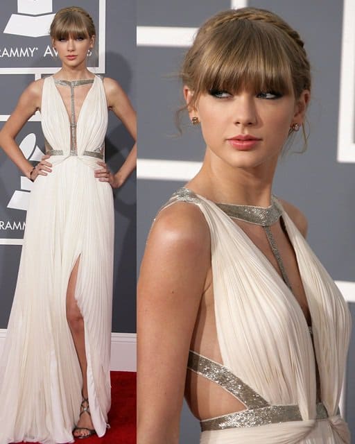 Taylor Swift's Grecian-inspired J. Mendel dress and messy braided updo hairstyle