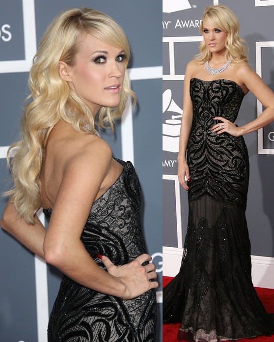 Singer Carrie Underwood arrives at the 55th Annual GRAMMY Awards