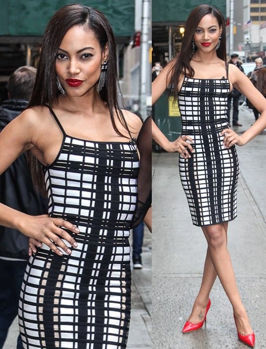 Model Ariel Meredith enters the "Late Show With David Letterman" taping