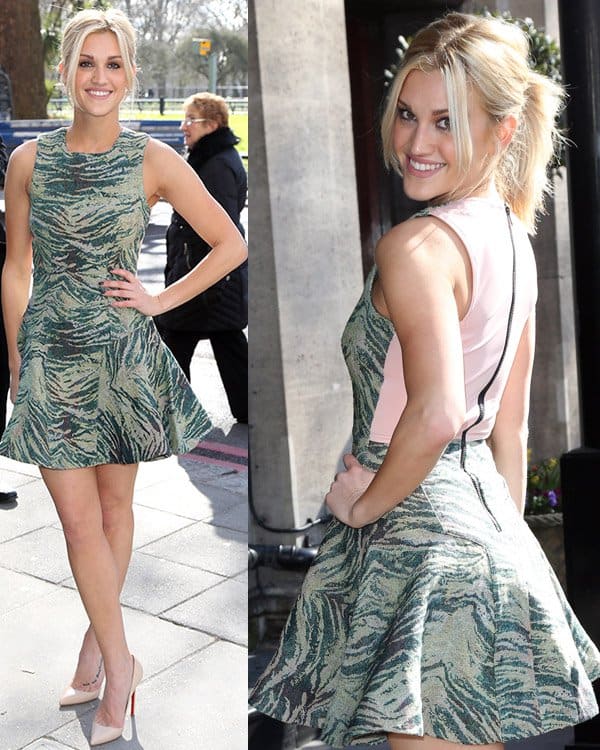 Ashley Roberts in printed fit-and-flare dress