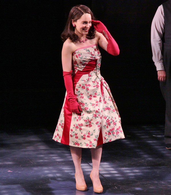 Emilia Clarke at the opening night's curtain call in a gorgeous floral dress by Colleen Atwood