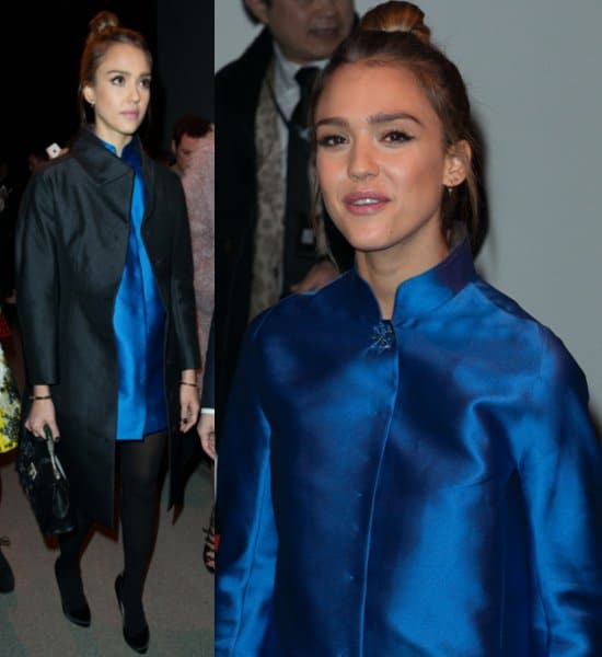 Jessica-Alba-Paris-Fashion-Week-Shiatzy-Cobalt-Dress
