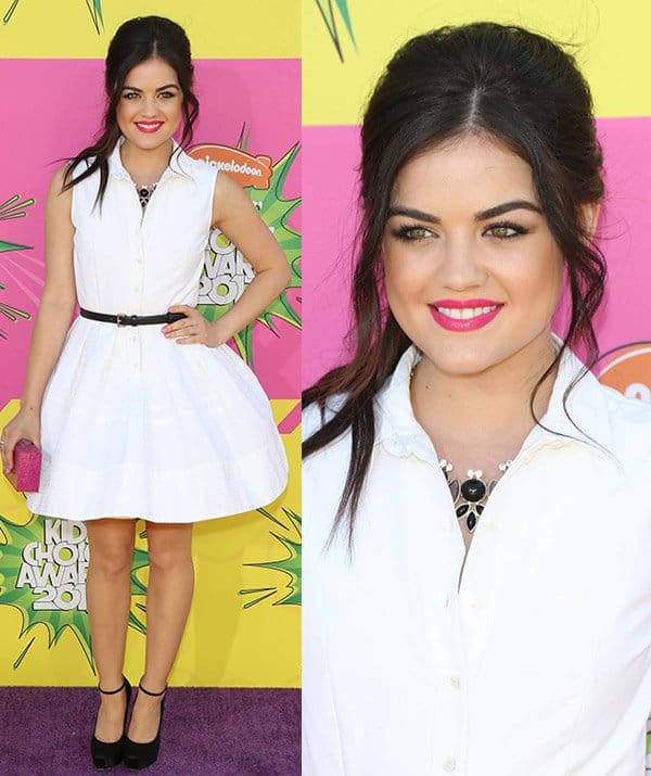 Lucy Hale flaunts her legs in a white shirt dress at Nickelodeon's 26th Annual Kids' Choice Awards