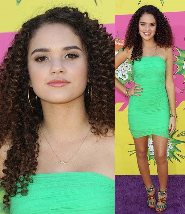 Madison Pettis in a green form-fitting tube dress at Nickelodeon's 26th Annual Kids' Choice Awards