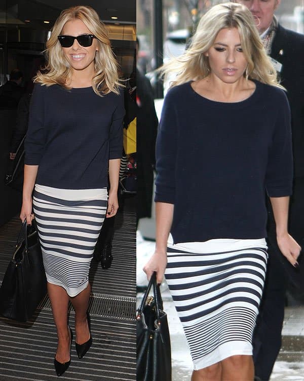 Mollie King wears a tight-fitting Lipsy midi striped dress while leaving the Radio 1 studios in London