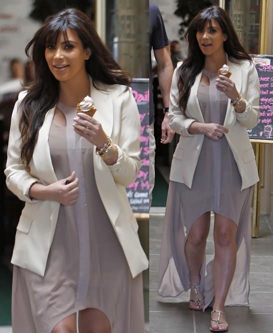 Kim Kardashian wears a flowing sheer Finders Keepers Come Running dress while enjoying some frozen yogurt from Pinkberry
