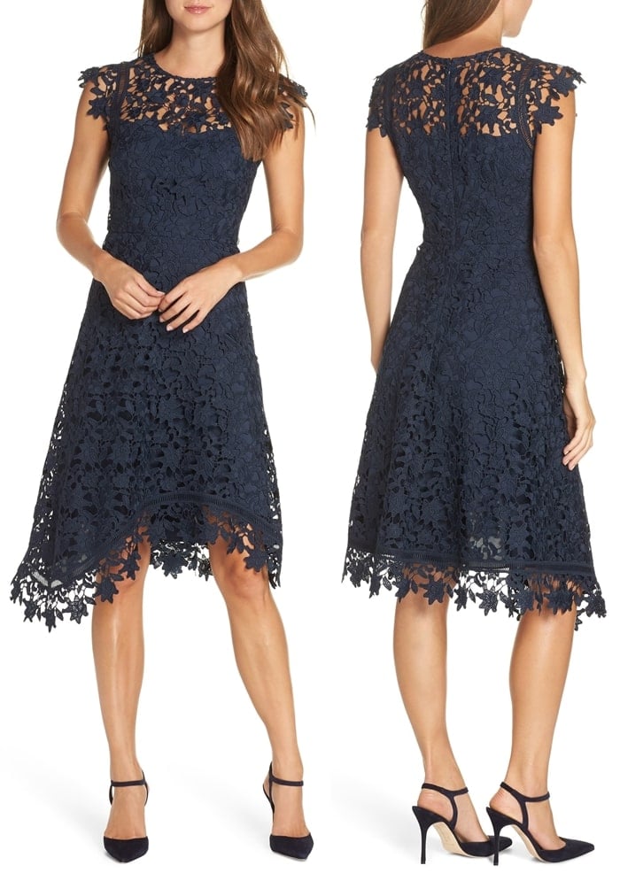 Lacy blooms lend rich texture and romantic style to a beautiful fit-and-flare dress designed with a playful skirt featuring an uneven scalloped hemline