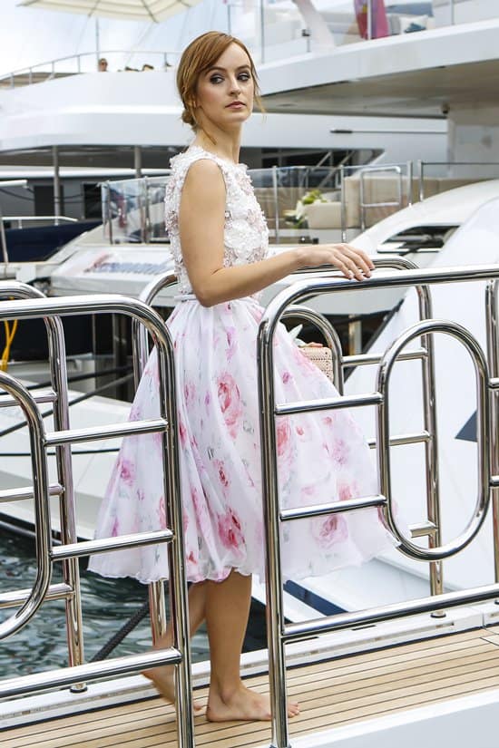 Ahna O'Reilly wears a full floral skirt while attending the 66th Annual Cannes Film Festival