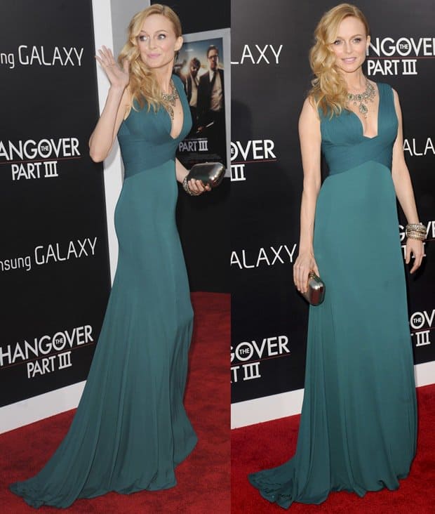 Heather Graham in a blue-green dress at the premiere of The Hangover Part III