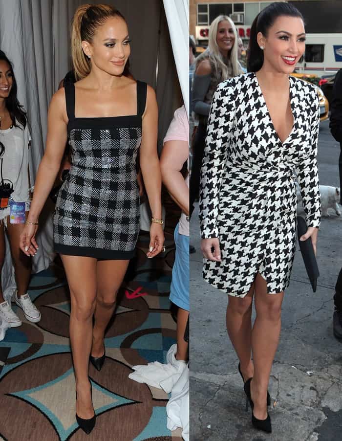 Kim Kardashian and Jennifer Lopez wearing plaid dresses