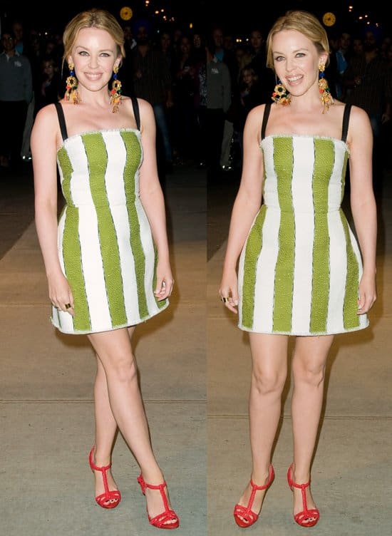 Kylie Minogue in a Dolce & Gabbana Spring 2013 RTW striped, strapless dress