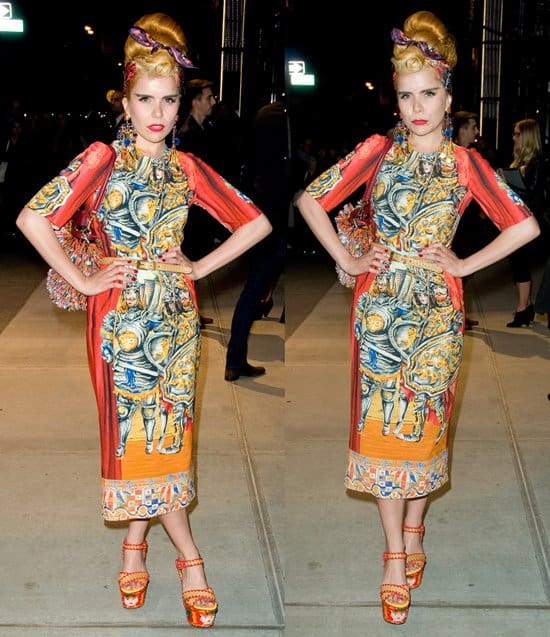 Paloma Faith in an eye-catching orange Knights dress from Dolce & Gabbana's Spring 2013 RTW