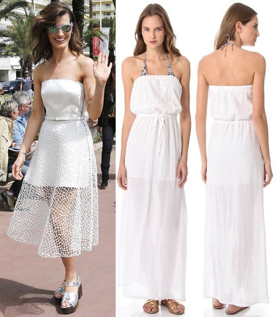 A strapless cover-up maxi dress in a graceful mix of lace and linen