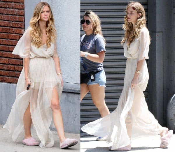 Brooklyn Decker's flowy gown with a deep V neckline and a sheer skirt, romantic enough for a wedding scene
