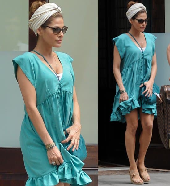 Eva Mendes with her hair up in a turban leaves her hotel in Manhattan, New York City, on July 11, 2013
