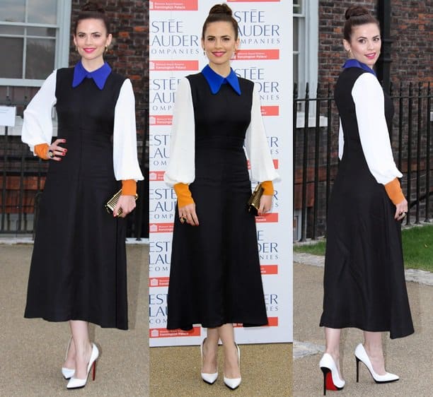 Hayley Atwell wearing a long-sleeved color-blocked dress by Roksanda Ilincic, pointed pumps by Christian Louboutin, and a gold clutch by Stark