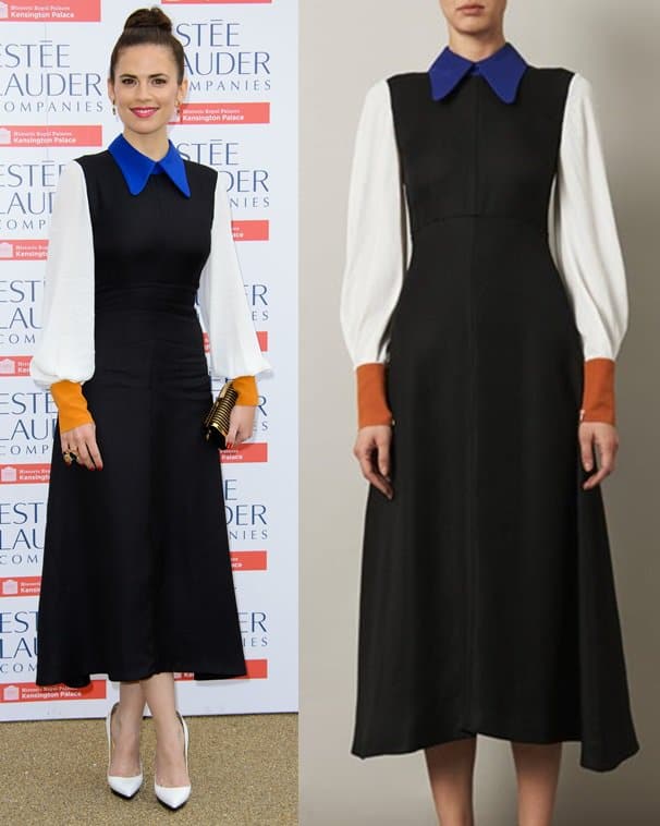 Hayley Atwell wore a dress designed by Roksanda Ilincic from the Spring 2013 collection at the Fashion Rules exhibition launch
