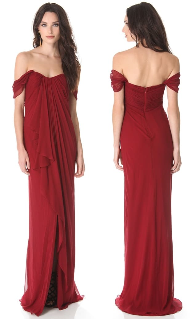 Delicate dropped-shoulder straps bring a seductive edge to this romantic red Notte by Marchesa gown