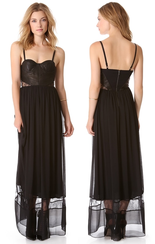 A seamed leather bodice offers a sexy contrast to the flowing chiffon skirt of this black maxi dress